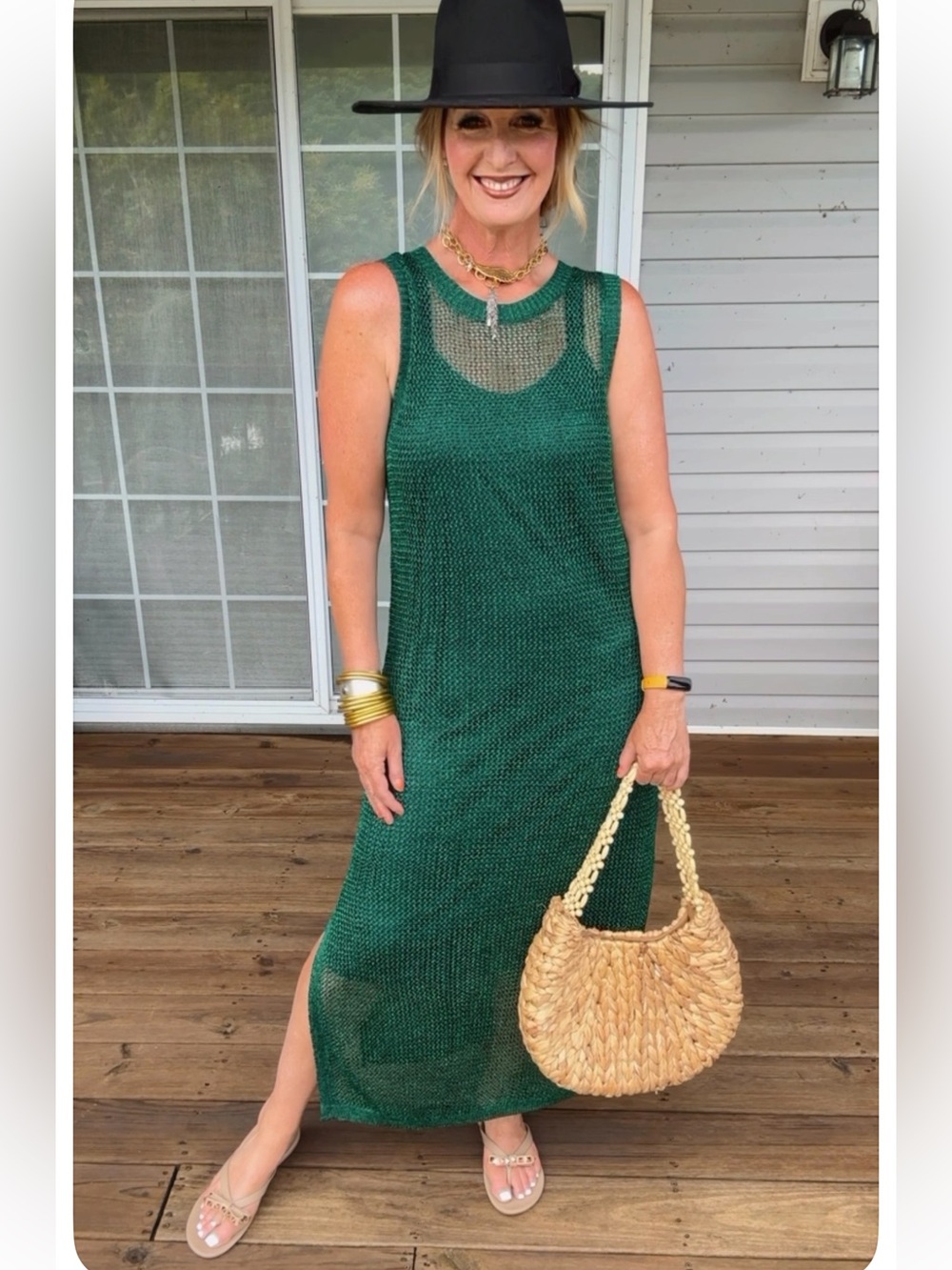 Gold Layered Pendant Necklace - Green Styling Accent